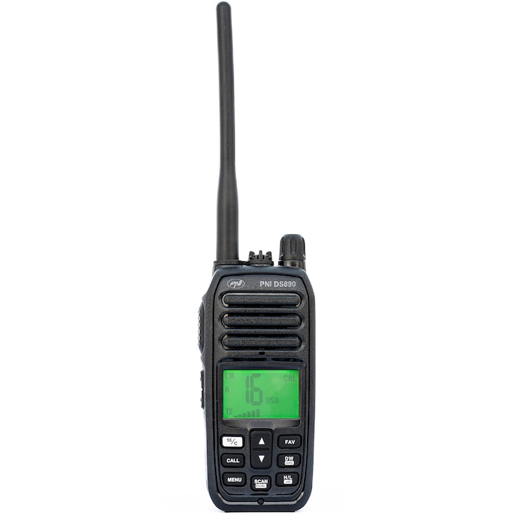 Statie radio maritima portabila PNI DS890, 88 canale, 10 canale meteo, Squelch reglabil, Roger Beep, Dual Watch, Scan, Call, NRC, acumulator 1800mAh, IP67
