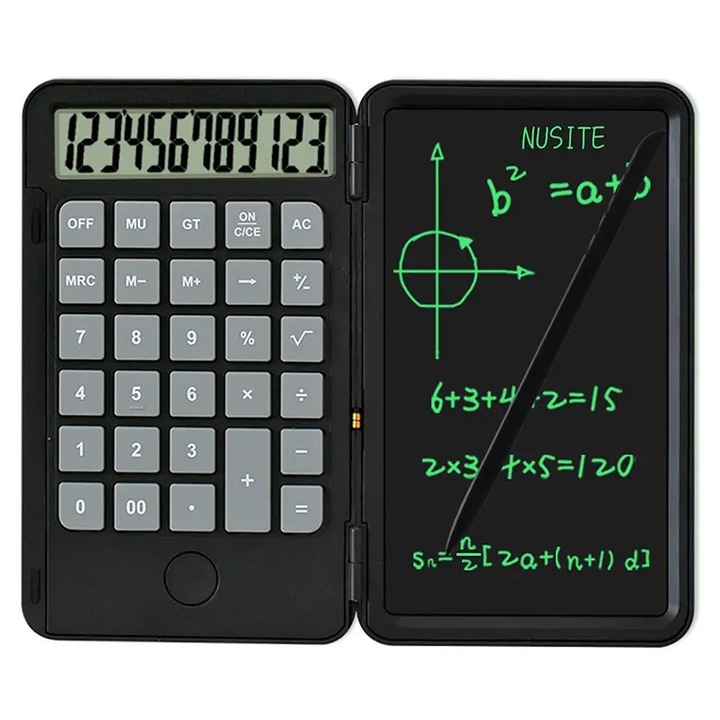 Calculator de birou pliabil cu ecran LCD 6.5 inch, creion de scris notite, fara baterii, negru