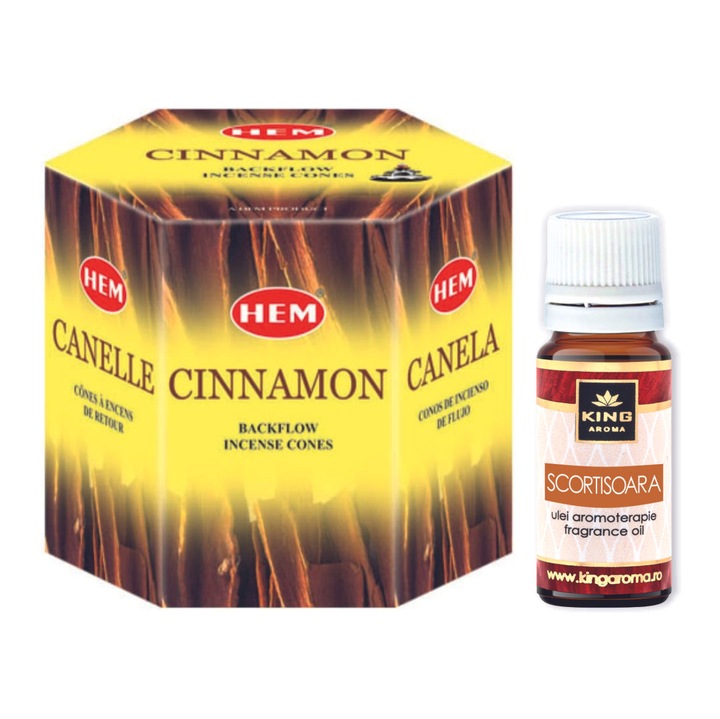 Pachet 40 Conuri parfumate Backflow HEM Scortisoara si Ulei aromaterapie Scortisoara Kingaroma, 10 ml