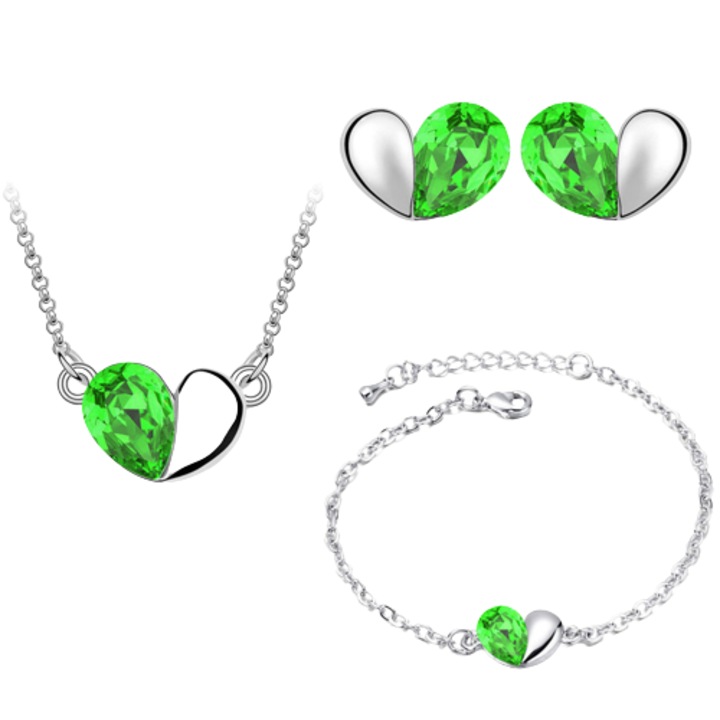 Set bijuterii dama, lantisor cu pandantiv, bratara si cercei, in model forma de inima, cristale zirconiu cu efect de cristal Sapphire, placat cu aur alb 18K, Tessero, verde