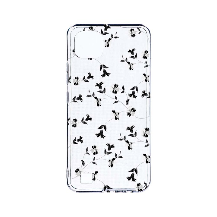 BestCase 2MM Clear Szilikon telefontok, Realme C11 (2021), Black Flower, Kamera védelem, strapabíró, T 128
