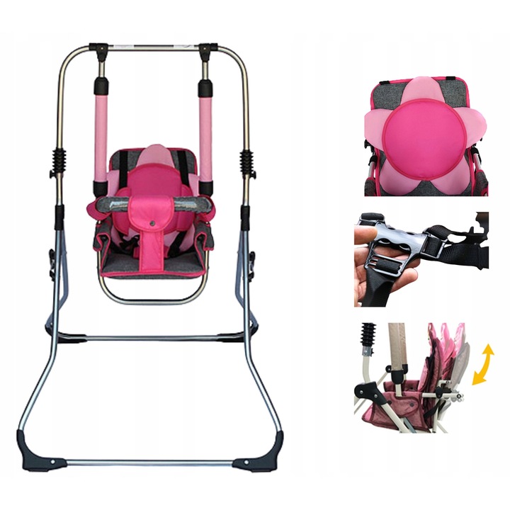 Люлка За Деца 2 В 1, Skyline, Samba, Цвете, 6-36 Месеца, Регулируема, Сгъваема, Преносима, Петточкови Предпазни Колани, 115 См, Розово/Сребристо