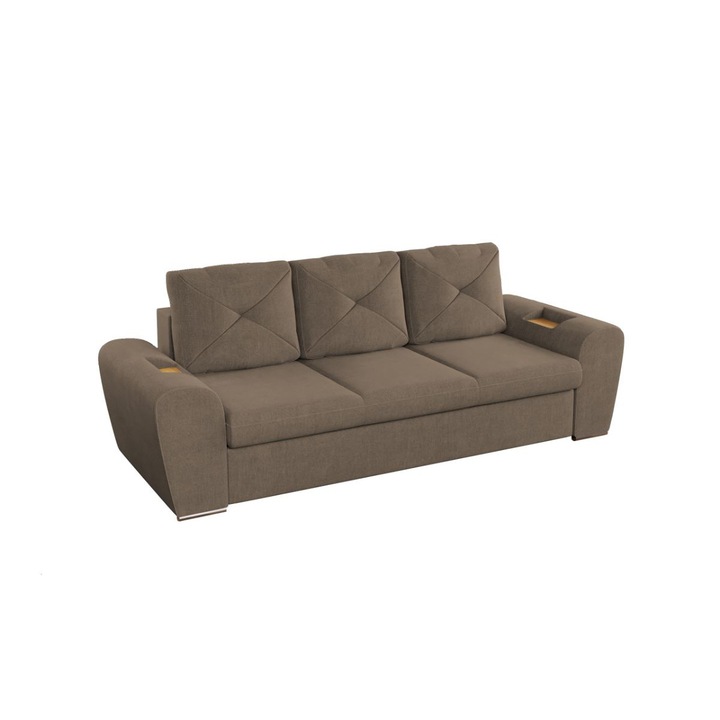 Canapea Gloria, extensibila, cu suport pahare, stofa, 245 x 88 x 88 cm, Maro
