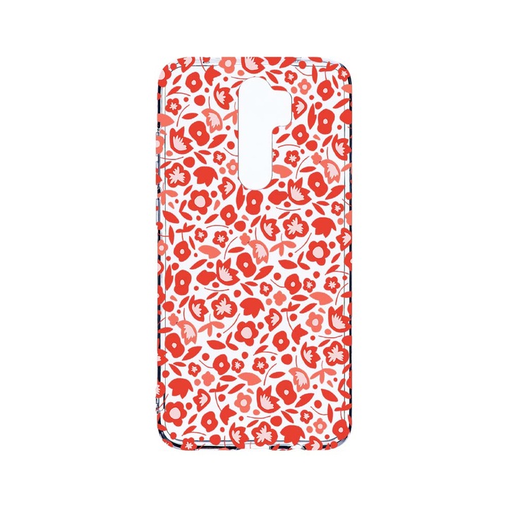 Husa BestCase® Clear Silicon 2MM, Compatibila Cu Xiaomi Redmi Note 8 Pro, Red Floweres Pattern, Antisoc, Protectie Camera, Margini ridicate pentru protectia ecranului, T 631