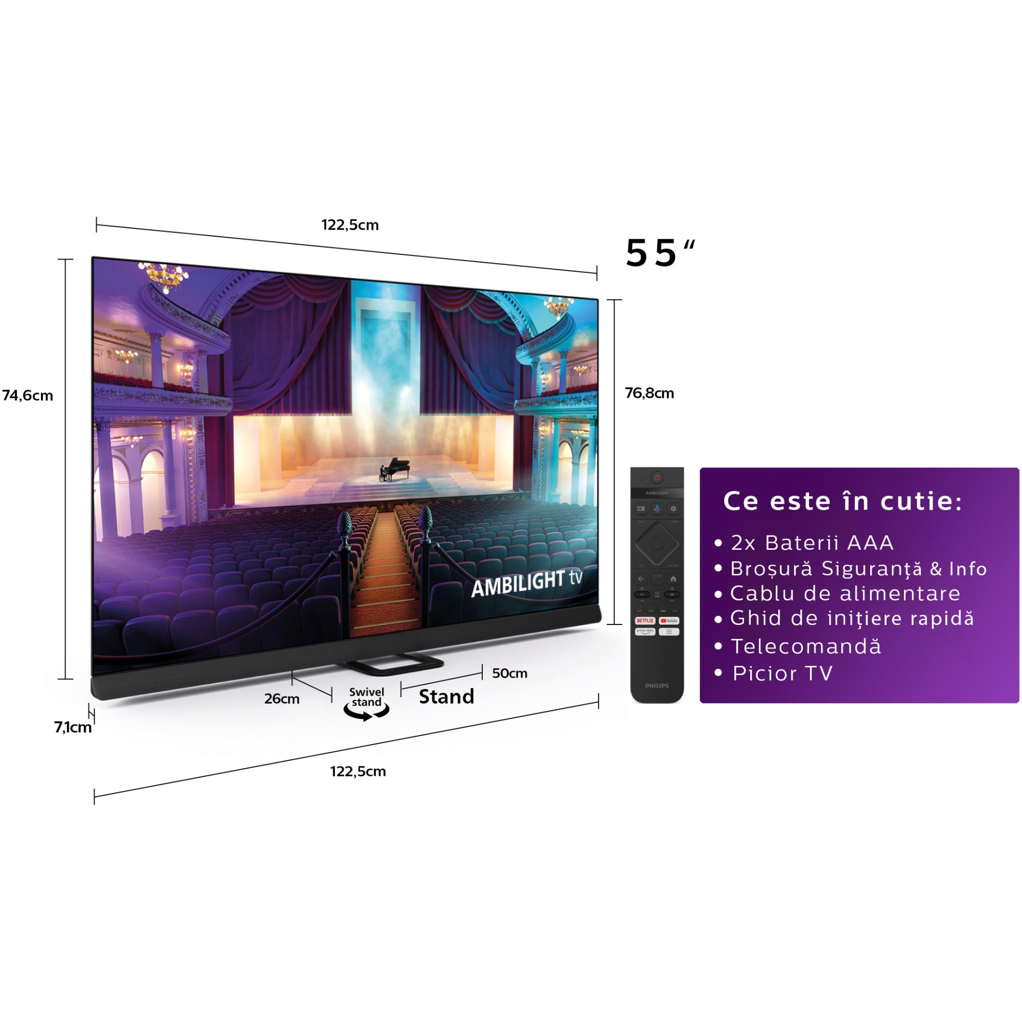 Televizor Philips AMBILIGHT tv OLED 55OLED908, 139 cm, Google TV, 4K Ultra HD, 100hz, Clasa G (Model 2023)