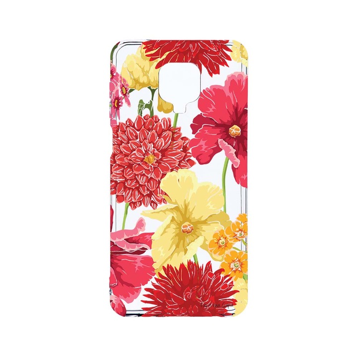 Husa BestCase® Clear Silicon 2MM, Compatibila Cu Xiaomi Redmi Note 9S, Red Yellow Flowers, Antisoc, Protectie Camera, Margini ridicate pentru protectia ecranului, T 634