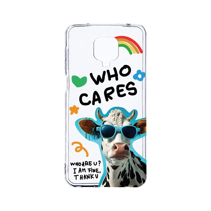 Husa BestCase® Clear Silicon 2MM, Compatibila Cu Xiaomi Redmi Note 9 Pro / Redmi Note 9 Pro Max, Cool Cow - Who Cares?, Antisoc, Protectie Camera, Margini ridicate pentru protectia ecranului, T 975