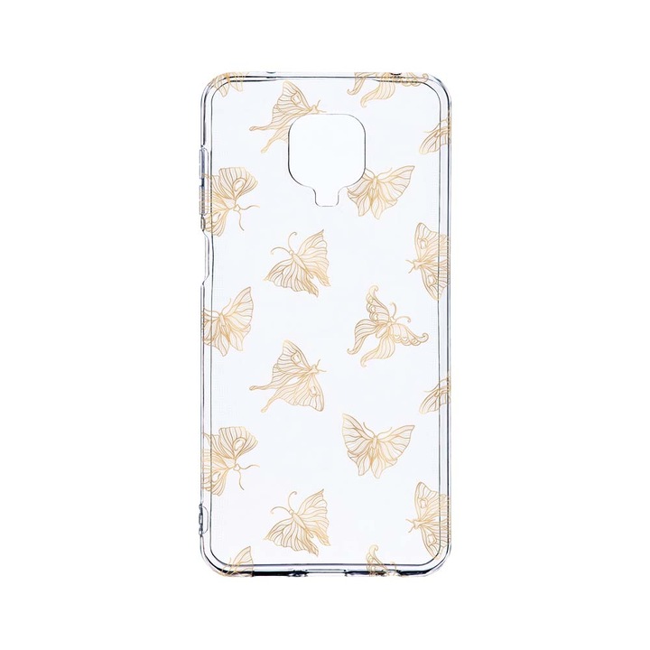 Husa BestCase® Clear Silicon 2MM, Compatibila Cu Xiaomi Redmi Note 9 Pro / Redmi Note 9 Pro Max, Gold Butterfly, Antisoc, Protectie Camera, Margini ridicate pentru protectia ecranului, T 919