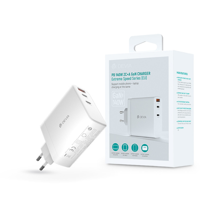 Devia GaN hálózati töltő adapter USB + 2xType-C bemenettel - 140W - Extreme Speed Series PD 140W 2C+A GaN Charger - white (ST366147)