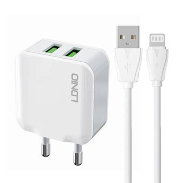 LDNIO A2201 2xUSB-A hálózati töltő + Lightning kábel fehér (A2201 Lightning)