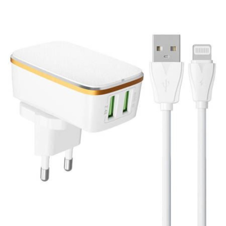 LDNIO A2204 2xUSB-A hálózati töltő + USB-C- Lightning kábel fehér (A2204 Lightning)