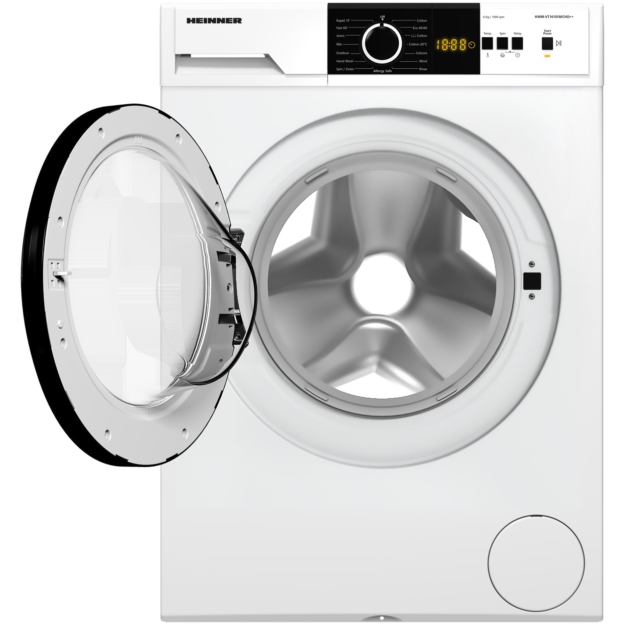 Masina de spalat rufe slim Heinner HWM-VT1610SMCHD++, 6 kg, 1000 rpm, Clasa D, Display digital, Blocare acces copii, Alb