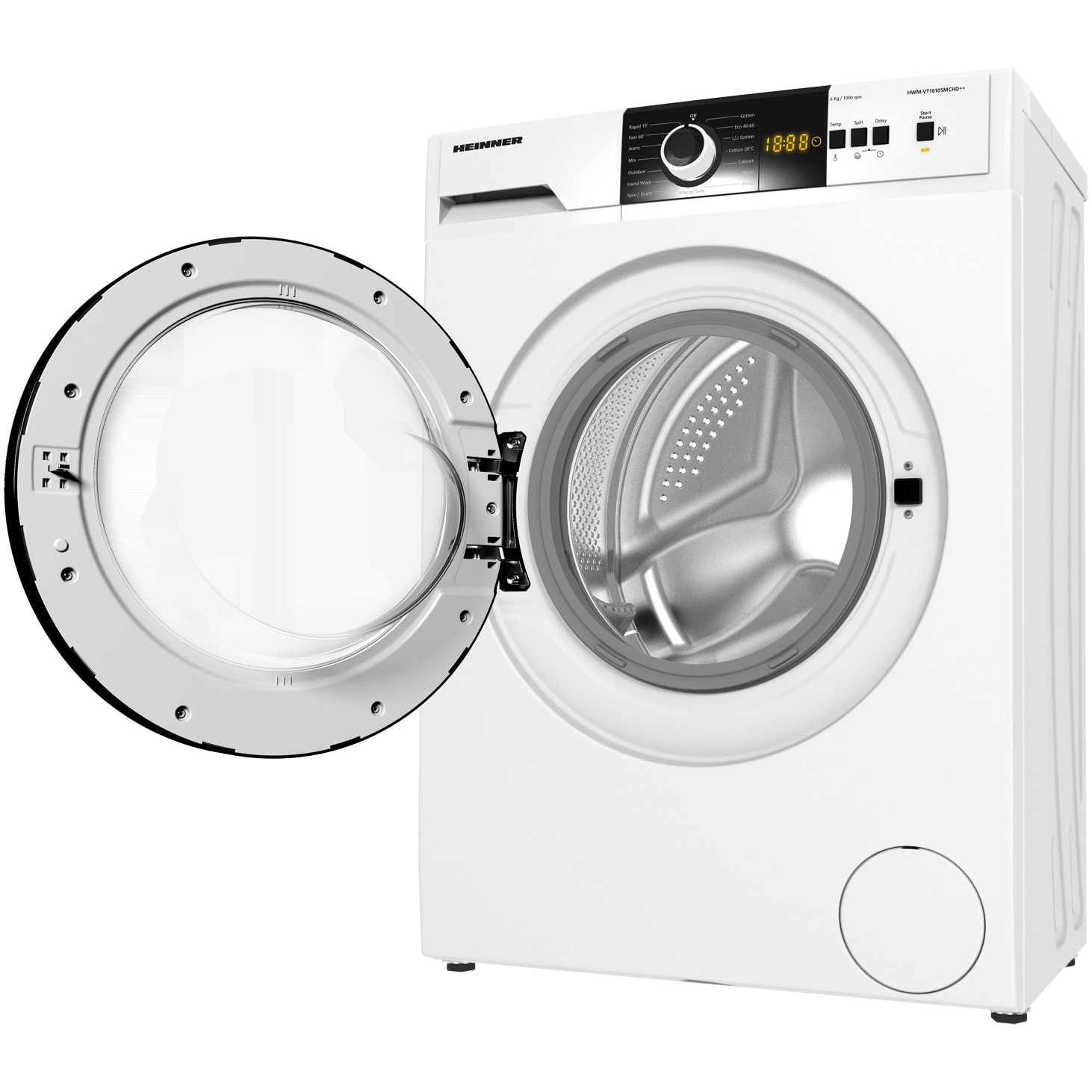 Masina de spalat rufe slim Heinner HWM-VT1610SMCHD++, 6 kg, 1000 rpm, Clasa D, Display digital, Blocare acces copii, Alb