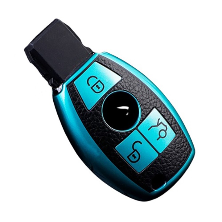 Husa verde cu insertii piele pentru cheie Mercedes Benz A C E S Class GLA GLK GLC CLA W176 W204 W210 W221 3 butoane