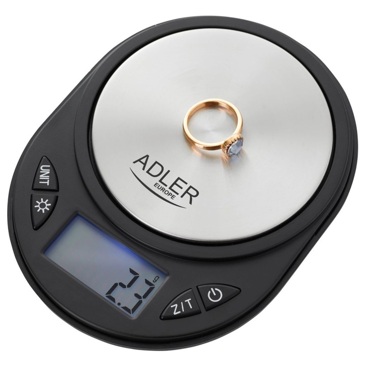 Cantar De Precizie, Adler, AD 3161, Capacitate 750 g, Precizie 0.1 g, Functie Tara, Afisaj LCD Cu Iluminare Albastra, Unitati Diverse g ct oz ozt dwt gn, Design Portabil Si Compact, Ideala Pentru Bijuterii Si Bucatarie, 13x10 cm, Gri/Negru