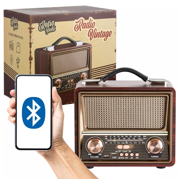 Radio Portabil, Infloo, Seattle, Stil Retro Vintage, Bluetooth Boxa Wireless, Sunet Puternic, FM AM SW, Acumulator Reincarcabil, Cititor Card Si USB, Maner Ergonomic, Ideal Pentru Acasa Sau Picnic, 21 x 20 x 13 cm, Maro