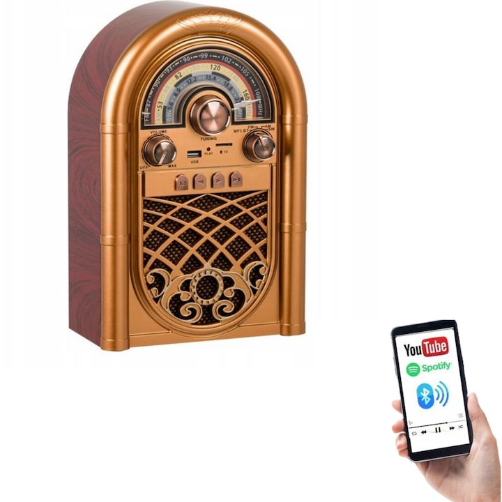 Radio Cu Sifonier, Retropolis, New Orleans, Bluetooth 5 0, Acumulator 1200 Mah, Carcasa Din Lemn, Port Usb Si Cititor De Carduri Microsd, Multicolor