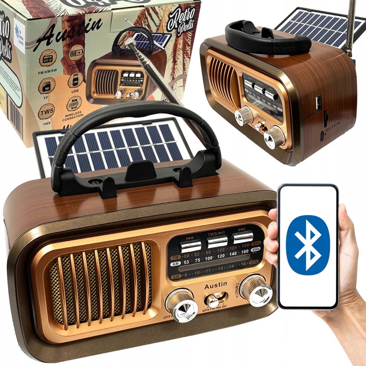 Radio Portabil Retro, Retropolis, Austin, Incarcare Solara Si Acumulator, Bluetooth 5.0, Boxa Wireless, FM AM SW, Slot Card MicroSD Si USB, Antena Telescopica, Maner Transport, Ideal Camping Si Outdoor, 17x9x8 cm, Maro