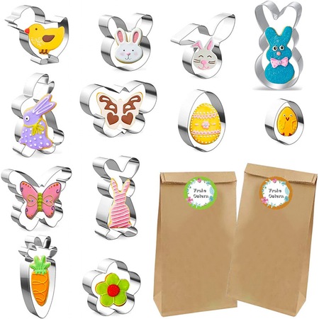 Set de 12 forme pentru prajituri si 12 pungi Kohmui, otel inoxidabil/hartie, argintiu/natur