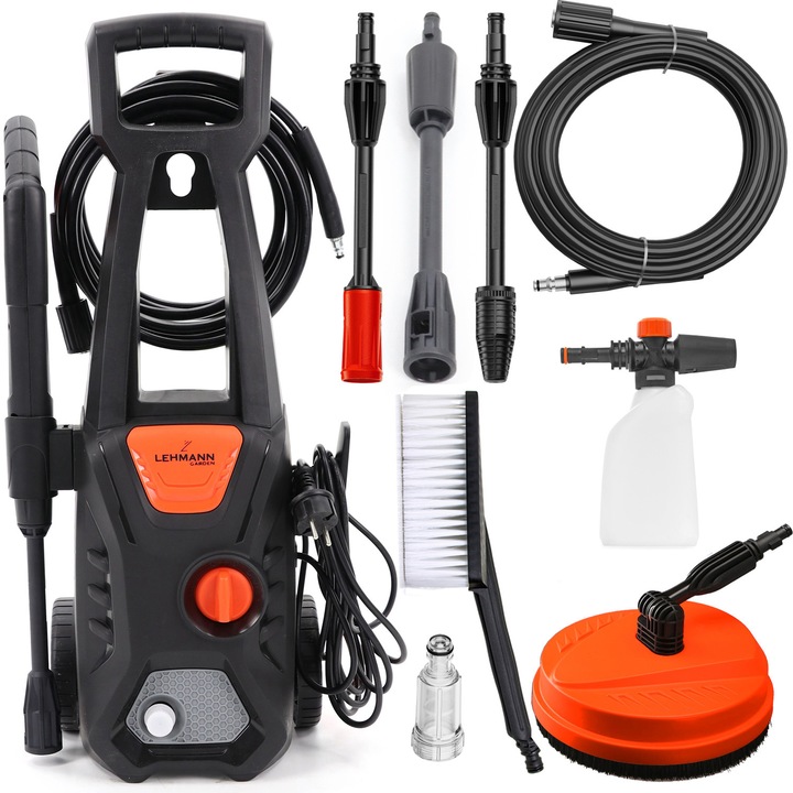 Aparat de spalat cu presiune, Lehmann Jukon Complete, Patio, Alimentare La retea, 1,6 kW, 130/200 bar, 480 l/h, Negru/Portocaliu