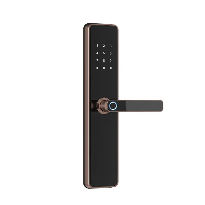 DacEnergy© smart lock, Приложение За Телефон, Пръстов Отпечатък, Парола, Карта И Ключ, Wifi, Bluetooth, Tuya Smart TT Lock, Висока Степен На Сигурност, Дебелина На Вратата 40-110 Мm, Черен И Бронзов