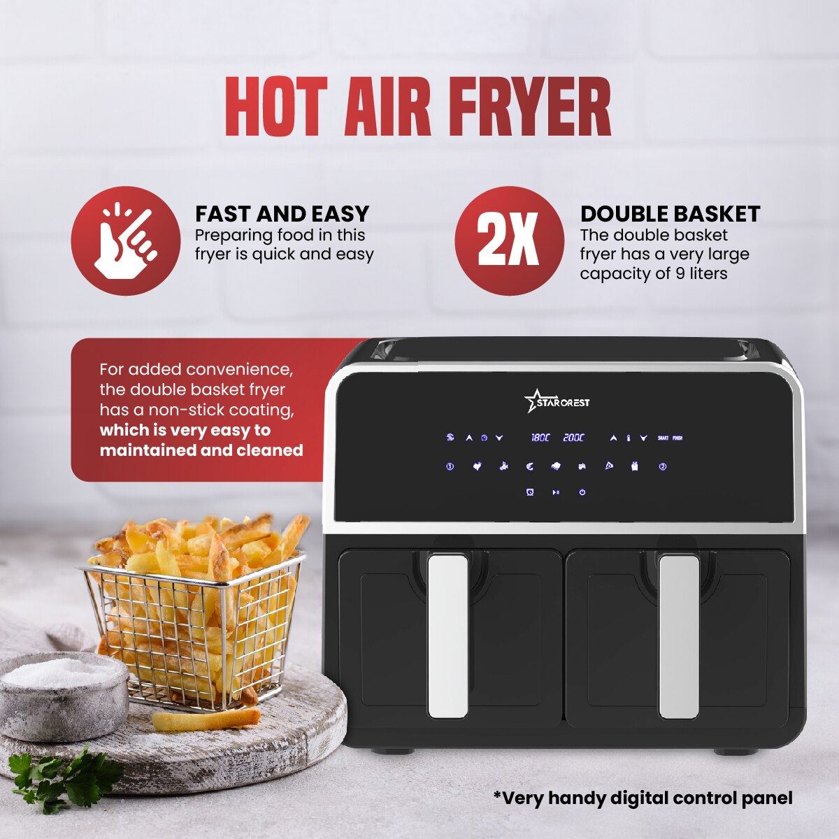 MAXXMEE Hot Air Fryer Double Basket 7.6 Litres Digital Double Hot A