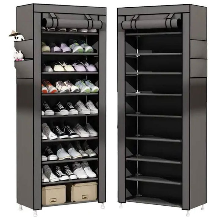 Severno raft pentru pantofi Severno, dulap pentru pantofi ingust, dulap cu dulap pentru pantofi, raft pentru dulap textil cu 9 rafturi, 2 compartimente exterioare si cadru metalic negru, material: 100% PE, dimensiuni: 160x60x30cm