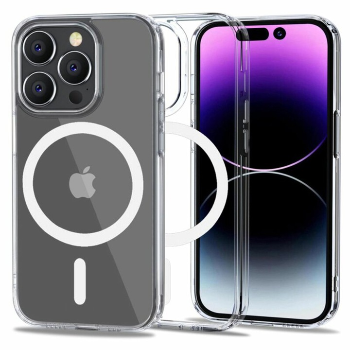 Színes MagSafe védőtok iPhone 14 Pro-hoz, Szilikon TPU, Ultra Safe Camera, Optim Solution, Átlátszó