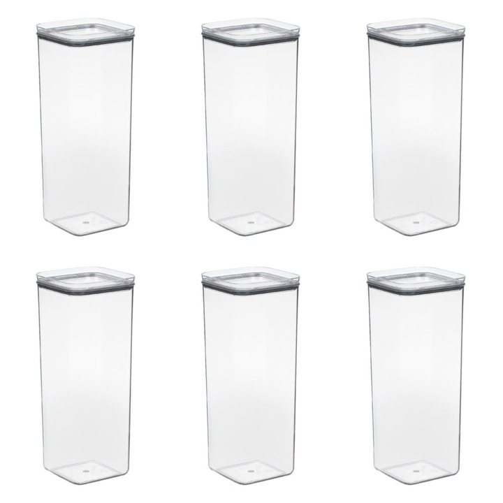 Set 6 recipiente pentru depozitarea alimentelor, cu capac, plastic, transparent, 2 l, 10,5x10,5x27cm
