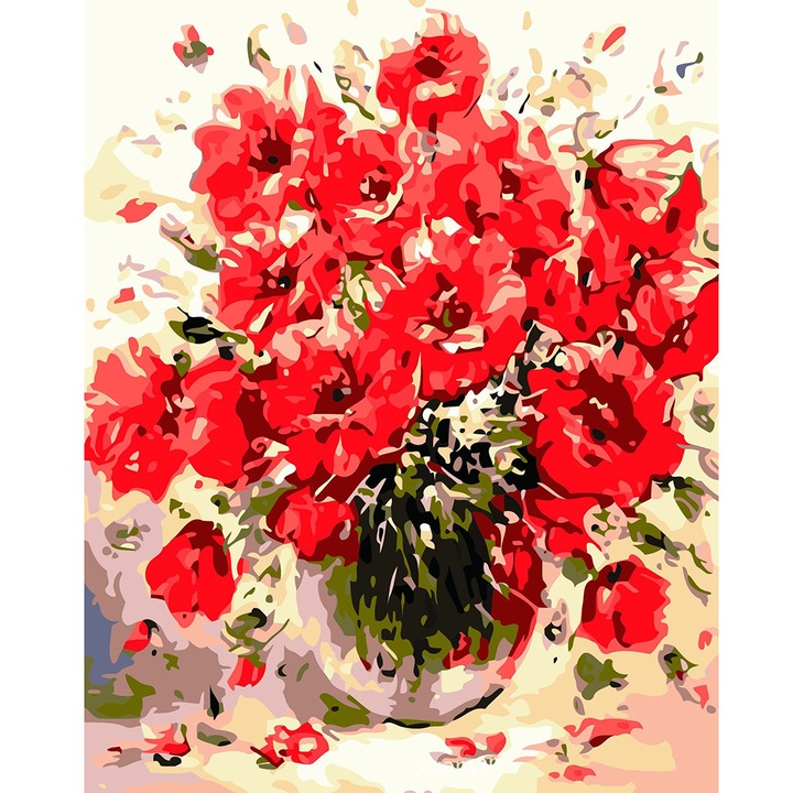 Set creativ pictura pe numere - Maci in vaza stilizati, cu panza intinsa pe cadru, MAIHAOYU, 40x50cm