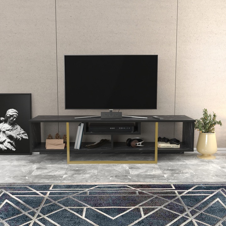 Comoda TV, Asal 150, Negru-Auriu, 150 x 40 x 35 cm