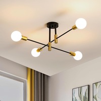 Lustra Modern, Goeco, Fier, Plafoniera,71x71x26 Cm, Negru+Auriu, E27, 4 Capete, Bec neinclus, Pentru Sufragerie, Dormitor, BucaTaRie, Hol