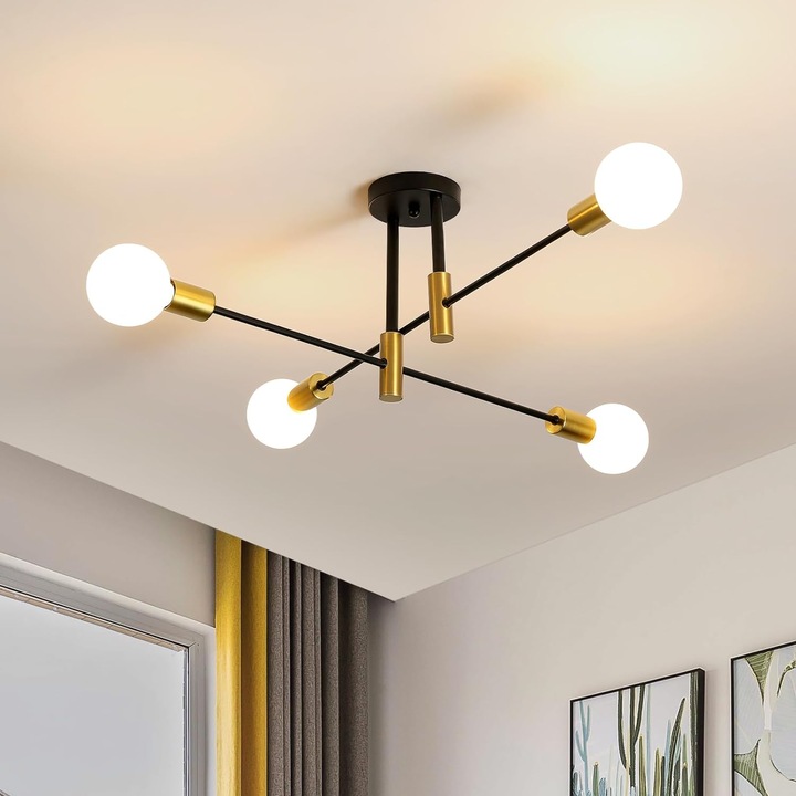 Lustra Modern, Goeco, Fier, Plafoniera,71x71x26 Cm, Negru+Auriu, E27, 4 Capete, Bec neinclus, Pentru Sufragerie, Dormitor, BucaTaRie, Hol