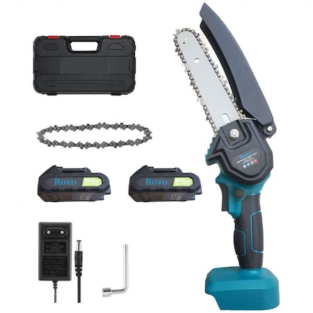 Mini fierastrau electric / mini drujba cu lant pe acumulator Rovo RV-MF, 24 V 2.0 Ah, putere baterie 300 W, lungime lama 6 inch, 2 lanturi, taiere maxim 180 mm, contine: incarcator + 2 acumulatori