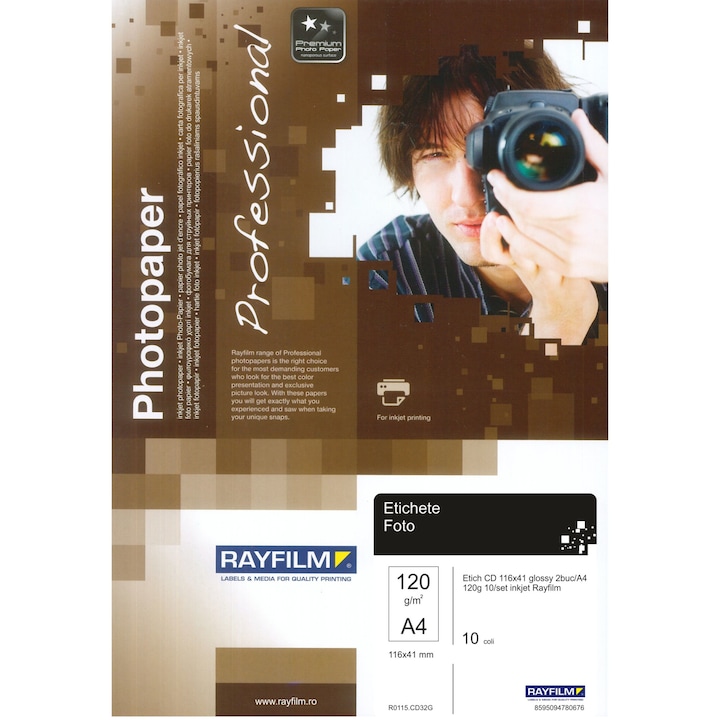 Eticheta fotoglossy autoadeziva CD 116x41 2buc/A4 120g 10/set inkjet Rayfilm