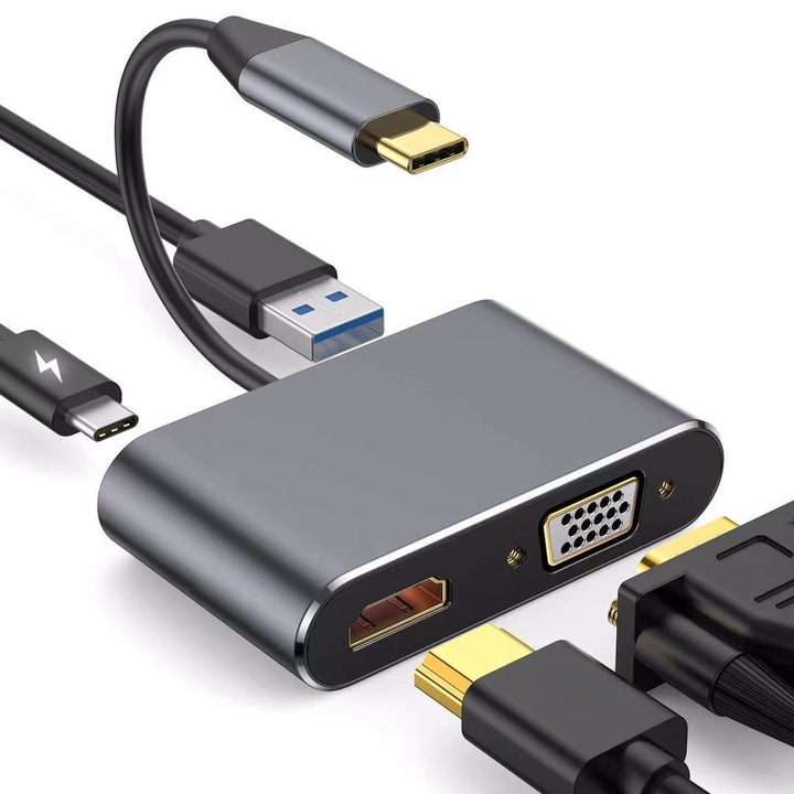 USB C хъб, съвместим MacBook 4 в 1 Plug & Play адаптер, JENUOS®, 1 x 100 W USB Type-C захранване, 1 x HDMI 4K, 1 x VGA FHD, 1 x USB 3.0, сив
