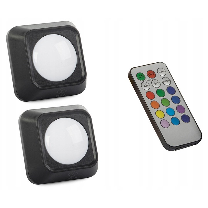 Set 2 lampi de perete auto-adezive, Zola®, 2 moduri de iluminare puternic/slab, 12 culori diferite, cu telecomanda, negre, 6x6x2.5 cm
