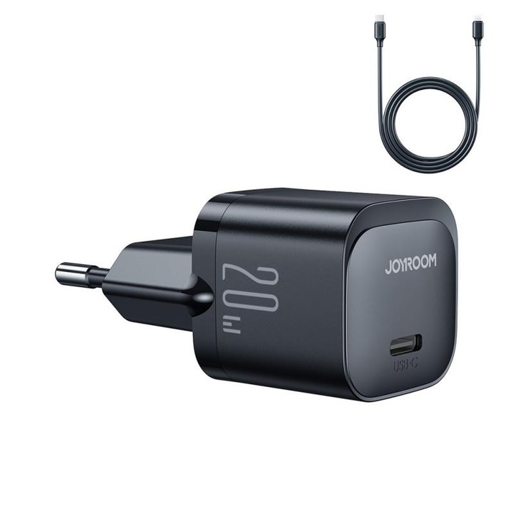 Joyroom Mini JR-TCF02 hálózati töltő, USB-C, Gyors töltés, 20 W, Lightning kábel 1 m, Fekete