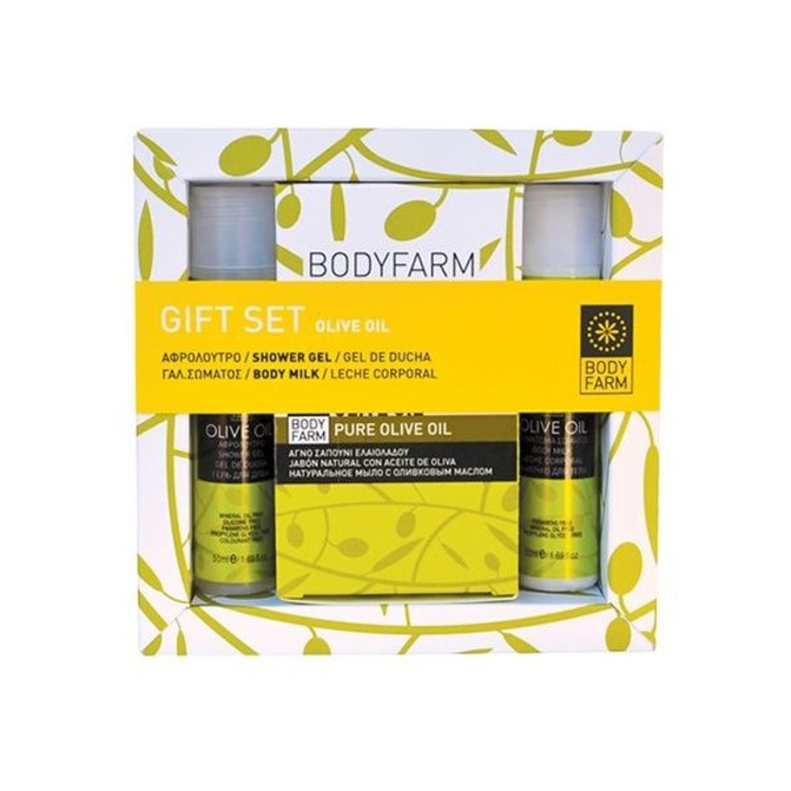 Set Bodyfarm Pure Olive, Gel de Dus 50ml, Lotiune de Corp 50ml, Crema de Maini 100ml