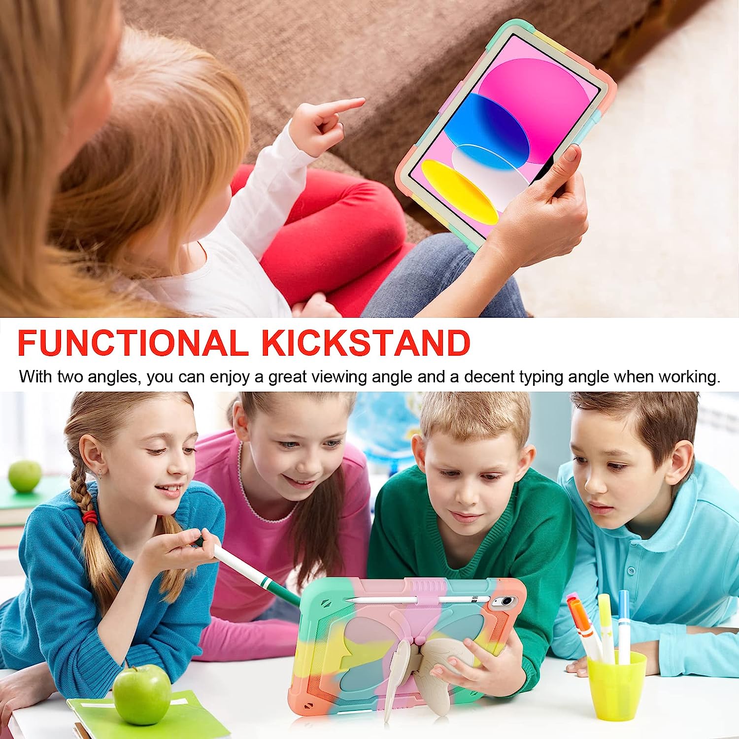 Husa de protectie pentru Apple iPad 10, 10.9 inch 2022, cu stand stil fluture si suport pentru stylus, robusta, rezistenta la socuri, multicolor
