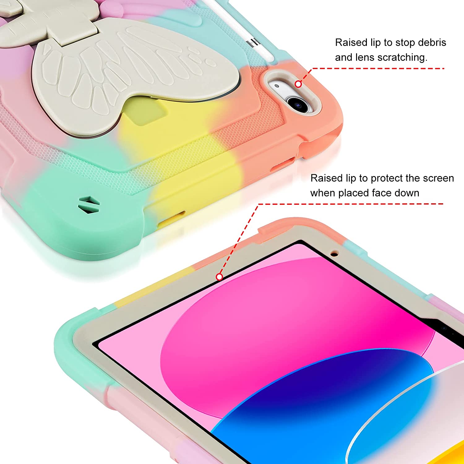 Husa de protectie pentru Apple iPad 10, 10.9 inch 2022, cu stand stil fluture si suport pentru stylus, robusta, rezistenta la socuri, multicolor