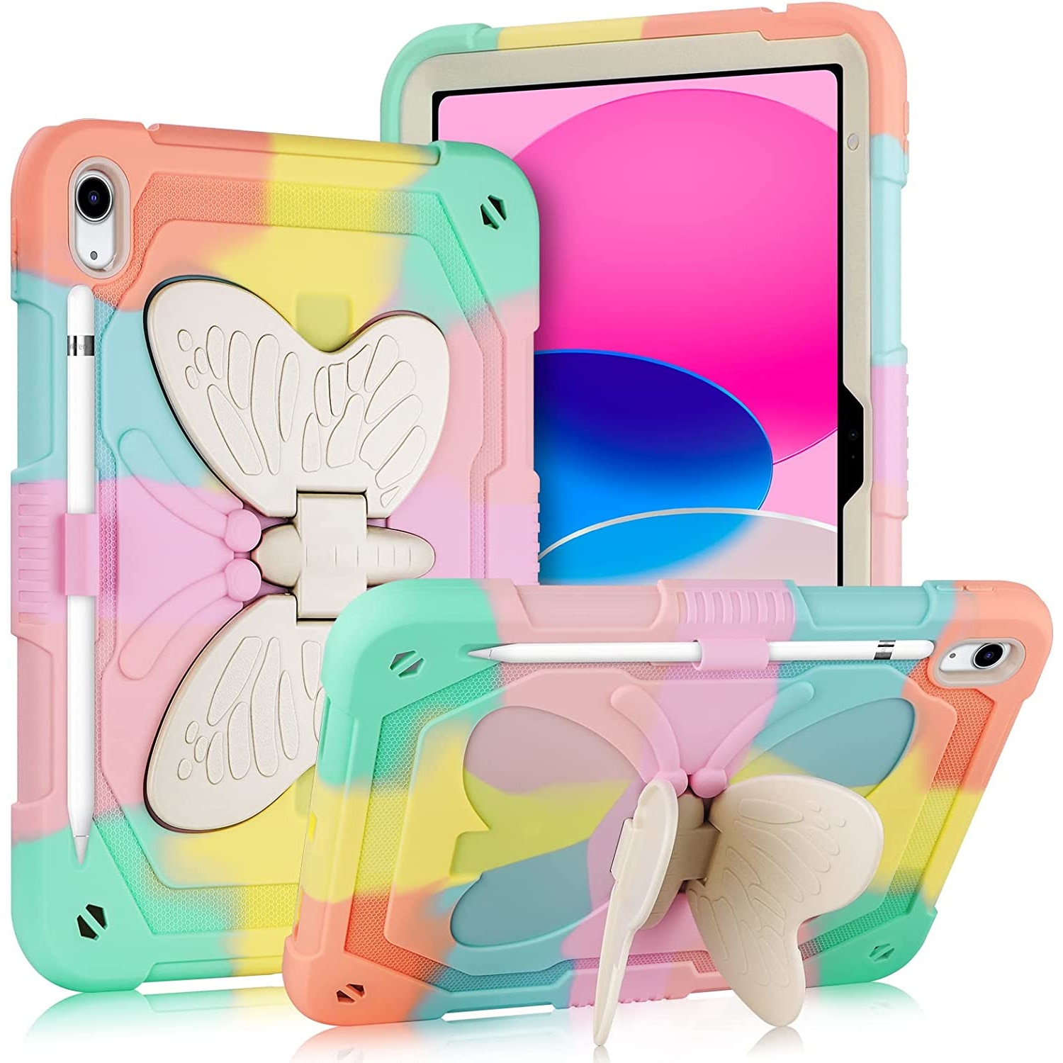 Husa de protectie pentru Apple iPad 10, 10.9 inch 2022, cu stand stil fluture si suport pentru stylus, robusta, rezistenta la socuri, multicolor