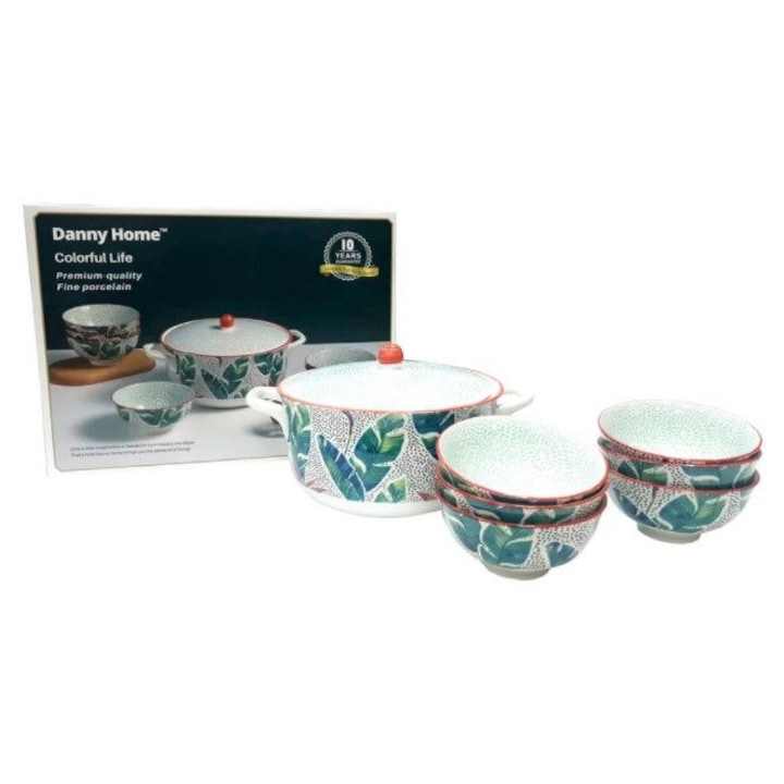 Set supiera si boluri 7 piese, Danny Home, 6 persoane, Portelan, Alb/Verde