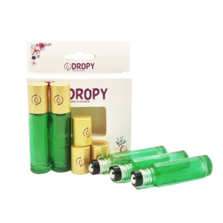 5 üveges készlet DROPY® roll on 10 ml illóolajokhoz, átlátszó zöld DO