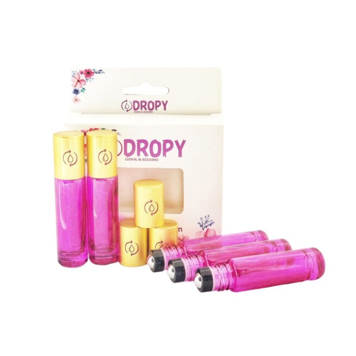 5 palackos készlet DROPY® roll on 10 ml illóolajokhoz, átlátszó rózsaszín DO