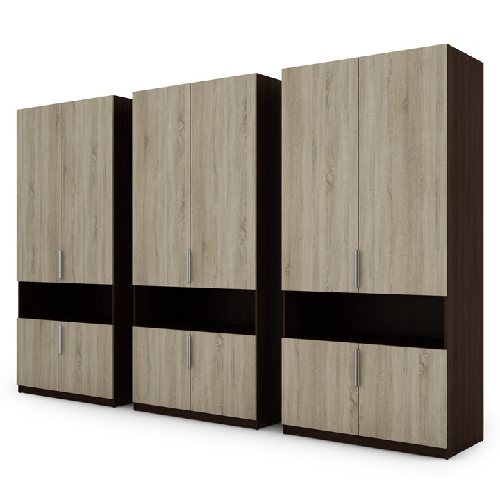 Dulap, Meblast, Premium lucrate manual, 330 cm x 230 cm x 59 cm, Sifonier, PAL 18 mm, HDF de 3 mm, PVC 0.8 mm, Numar de usi 12, Numar de sertare 4, Cu oglinda - 2 buc, Sonoma Dark/Sonoma Light