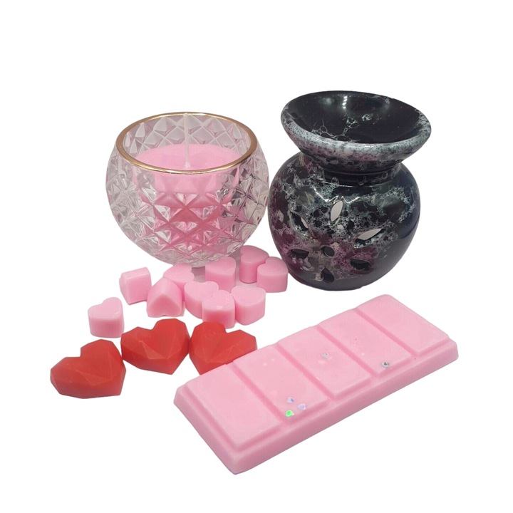 Комплект за ароматерапия със свещ в контейнер и таблетки с аромат на соя (включва произволна керамична ваза) - Комплект за създаване на любов