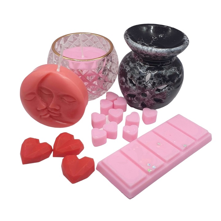 Комплект ароматизирани свещи и таблетки от соев восък - мега подарък за Свети Валентин (включва произволна керамична купа)