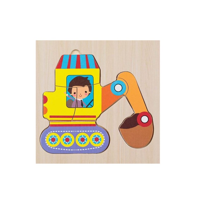 Oktató jellegű fa puzzle gyerekeknek 5 darabbal - Bulldózer modell, mérete 15 x 15 cm