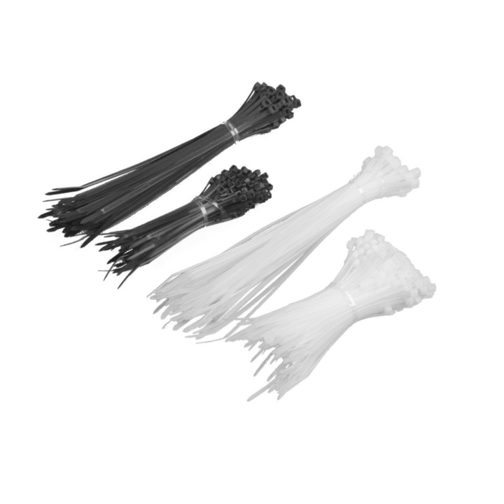 Set complet de 400 coliere din plastic pentru gestionarea cablurilor, marimi 2.5mm X 100mm si 3.5mm X 200mm, in alb si negru